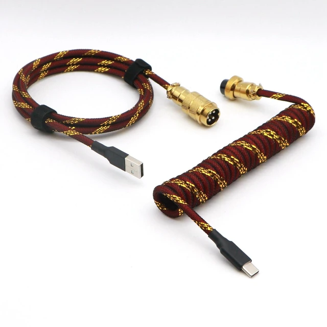 Main image of Reverse Coiled Type-C Cable for Gaming Keyboard, Double-Sleeved Mechanical Keyboard Cable with Gold Metal GX16 Aviator, 1.5M USB-C to USB-A (Gold Red)