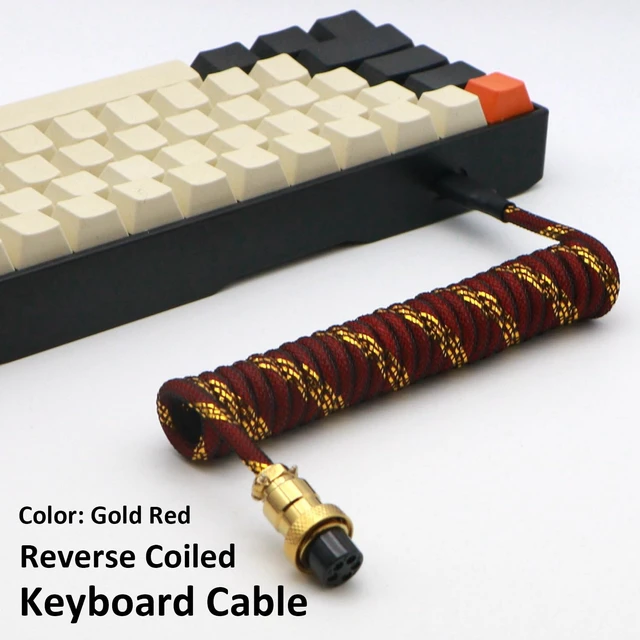 Alt view image 2 of 7 - Reverse Coiled Type-C Cable for Gaming Keyboard, Double-Sleeved Mechanical Keyboard Cable with Gold Metal GX16 Aviator, 1.5M USB-C to USB-A (Gold Red)