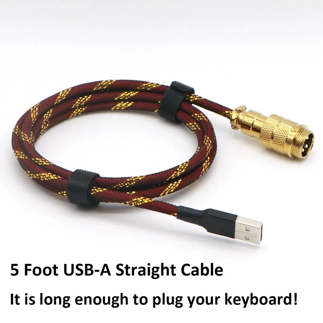 Alt view image 4 of 7 - Reverse Coiled Type-C Cable for Gaming Keyboard, Double-Sleeved Mechanical Keyboard Cable with Gold Metal GX16 Aviator, 1.5M USB-C to USB-A (Gold Red)