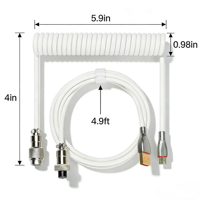 Alt view image 2 of 5 - Type-C Mechanical Keyboard Cables,1.5M Coiled USB C to USB A with Detachable Metal Aviator Connector.for Gaming Keyboard/Tablet (White)