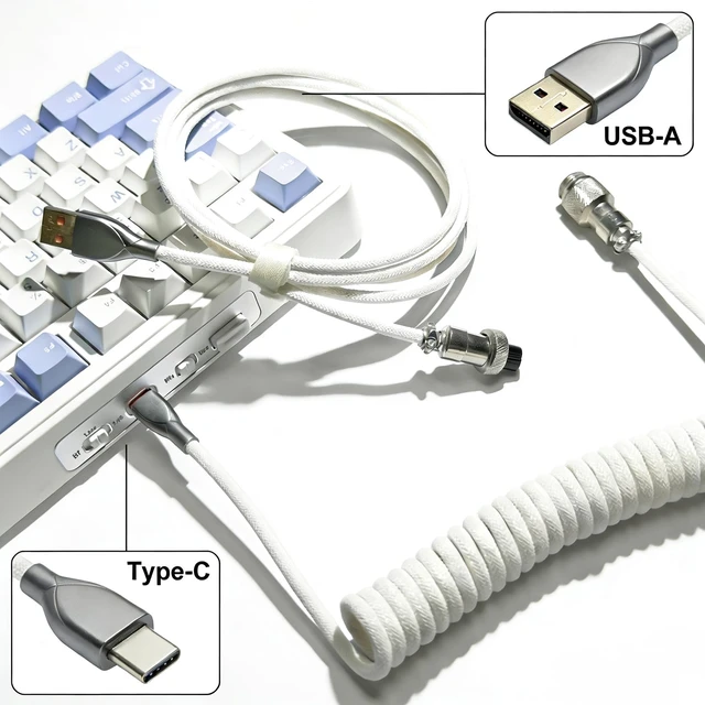 Alt view image 5 of 5 - Type-C Mechanical Keyboard Cables,1.5M Coiled USB C to USB A with Detachable Metal Aviator Connector.for Gaming Keyboard/Tablet (White)