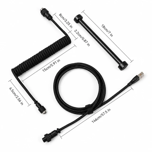 Alt view image 6 of 7 - Pro Coiled USB-C Keyboard Cable, Metal Guide Bar & Aviator, Black | Double-Sleeved Mechanical Keyboard Cord, Detachable Metal Aviator, 1.5M USB-C to USB-A, Metal Cable Guide Bar