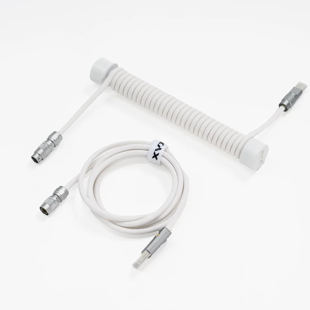 Main image of Push-Pull Fast-Locking Aviator Coiled Keyboard Cable, 5-Pin, White | Push-pull fast-locking 5-pin aviator, coiled USB-C keyboard cable, 1.8m, metal organizer, braided, XVX Pro V2