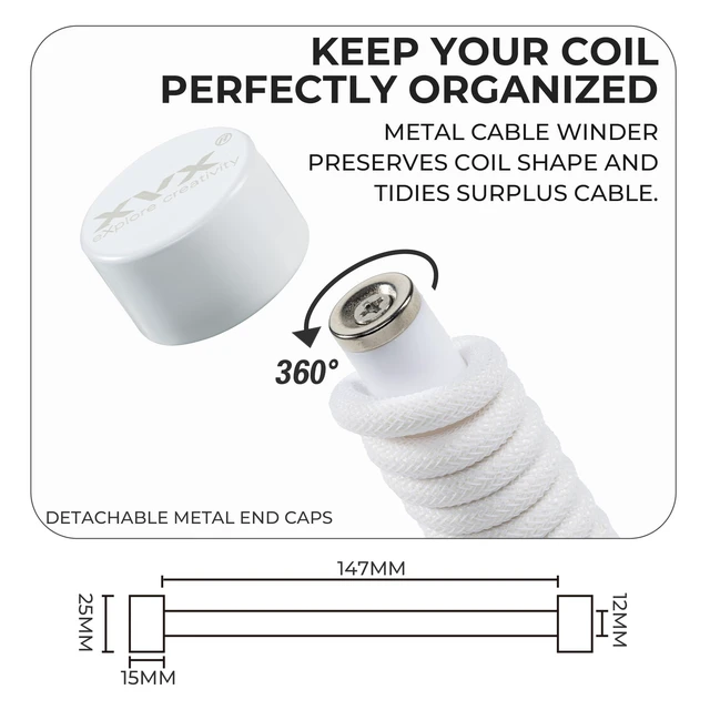 Alt view image 4 of 6 - Push-Pull Fast-Locking Aviator Coiled Keyboard Cable, 5-Pin, White | Push-pull fast-locking 5-pin aviator, coiled USB-C keyboard cable, 1.8m, metal organizer, braided, XVX Pro V2