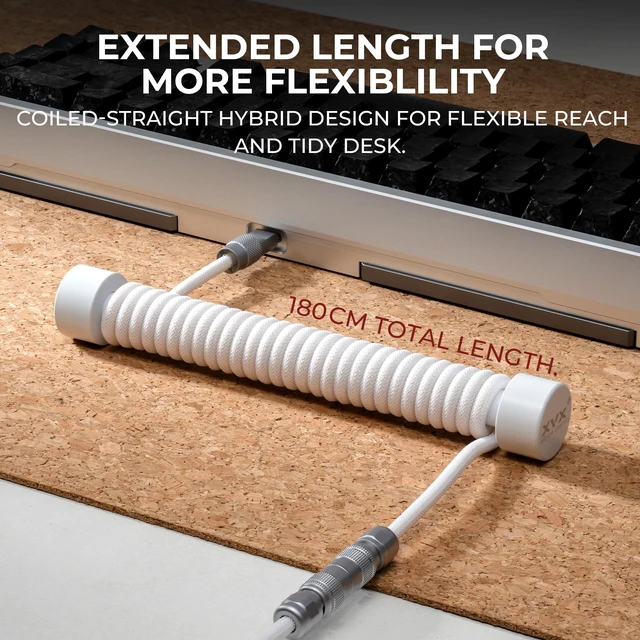 Alt view image 5 of 6 - Push-Pull Fast-Locking Aviator Coiled Keyboard Cable, 5-Pin, White | Push-pull fast-locking 5-pin aviator, coiled USB-C keyboard cable, 1.8m, metal organizer, braided, XVX Pro V2