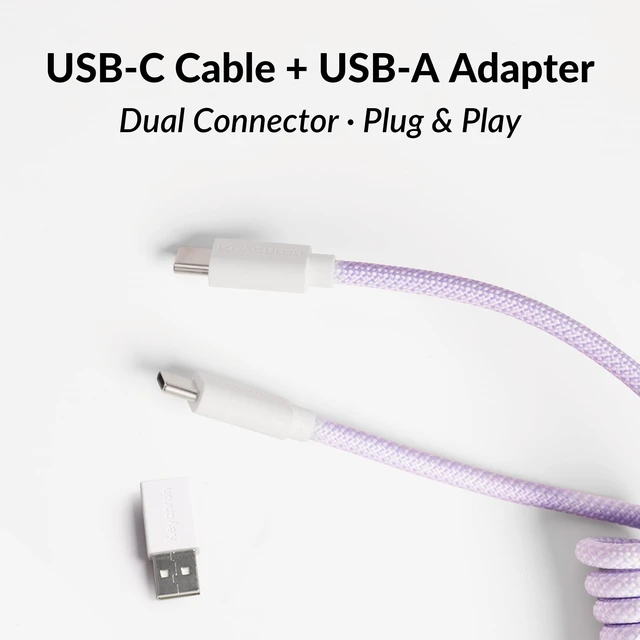 Alt view image 4 of 6 - Custom Coiled Aviator Cable, Light Purple, 5-Pin (GX12) Detachable Metal Connector, USB-C to USB-C with USB-A Adapter, Durable Braided Cable for Mechanical Keyboards, Charging & Data Transfer