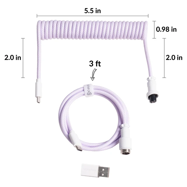 Alt view image 5 of 6 - Custom Coiled Aviator Cable, Light Purple, 5-Pin (GX12) Detachable Metal Connector, USB-C to USB-C with USB-A Adapter, Durable Braided Cable for Mechanical Keyboards, Charging & Data Transfer