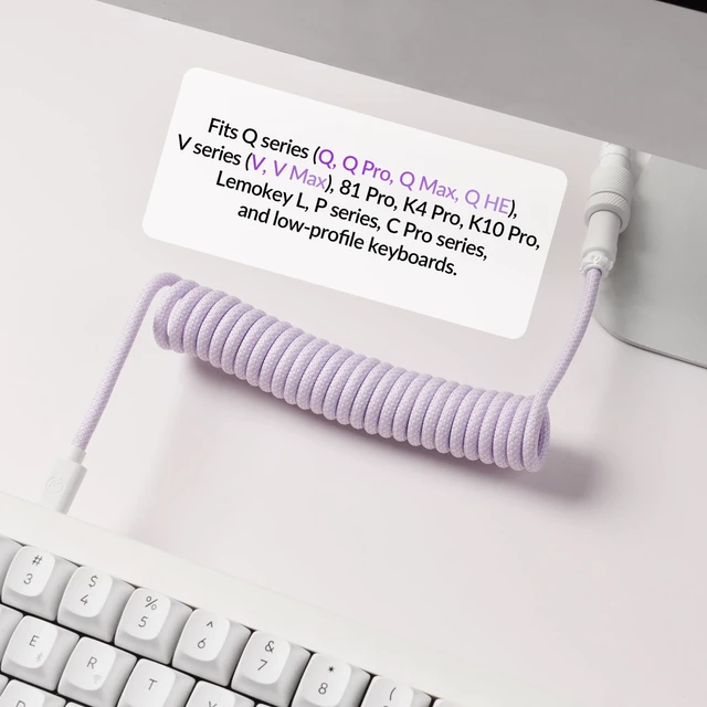 Alt view image 6 of 6 - Custom Coiled Aviator Cable, Light Purple, 5-Pin (GX12) Detachable Metal Connector, USB-C to USB-C with USB-A Adapter, Durable Braided Cable for Mechanical Keyboards, Charging & Data Transfer