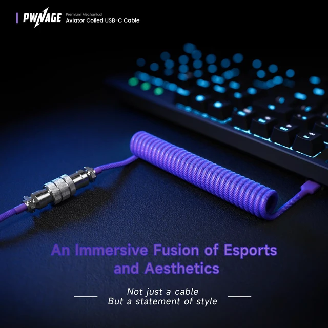 Alt view image 2 of 7 - Coiled Aviator Cable Nebula Purple Detachable USB-C Mechanical Keyboard Cable with Double-Sleeved Paracord, Custom Coiled Design, Durable Metal Aviator Connector