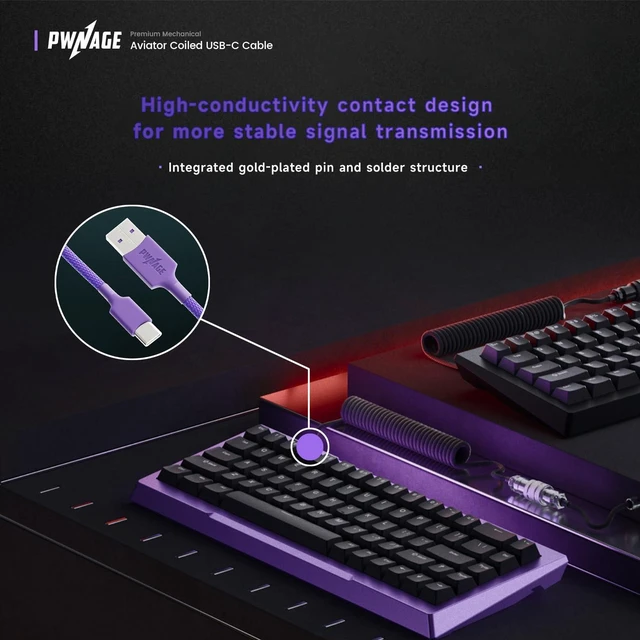 Alt view image 5 of 7 - Coiled Aviator Cable Nebula Purple Detachable USB-C Mechanical Keyboard Cable with Double-Sleeved Paracord, Custom Coiled Design, Durable Metal Aviator Connector