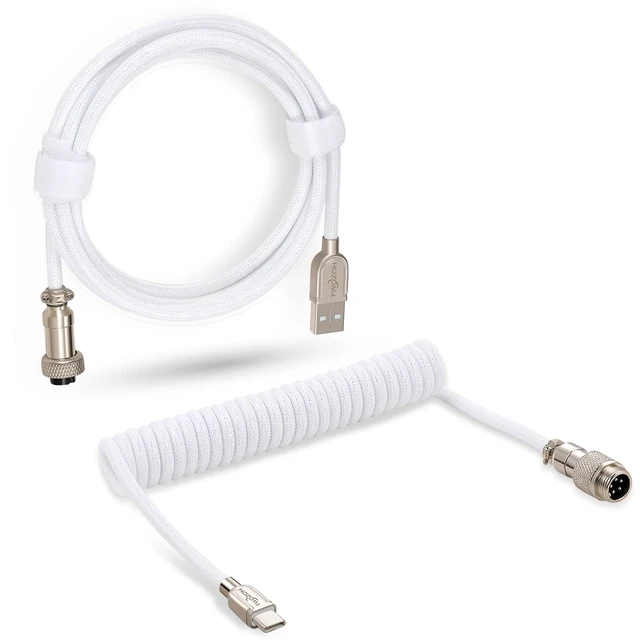 Main image of USB C Keyboard Coiled Cable, Braided Detachable Aviator Double Sleeve Type C Mechanical Keyboard Cable (White)