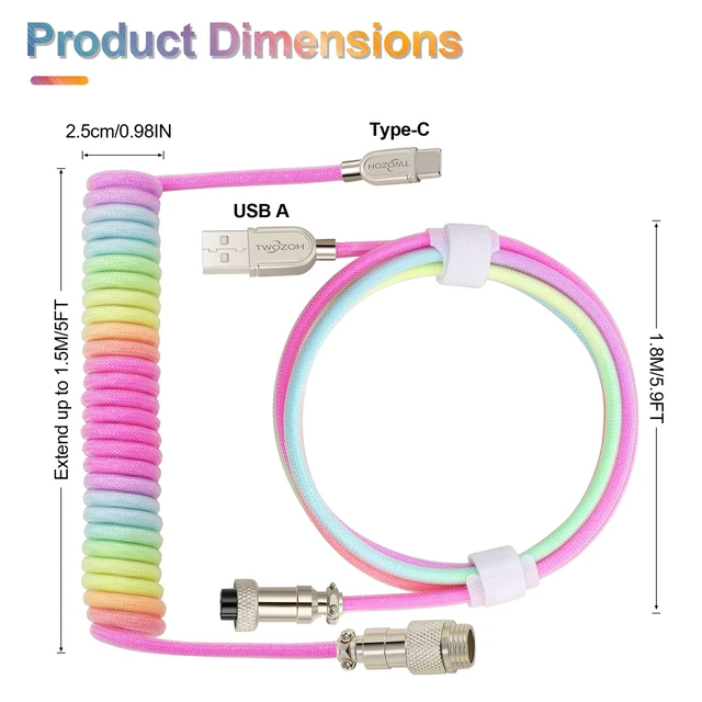 Alt view image 6 of 7 - USB C Keyboard Coiled Cable, Braided Detachable Aviator Double Sleeve Type C Mechanical Keyboard Cable (White)
