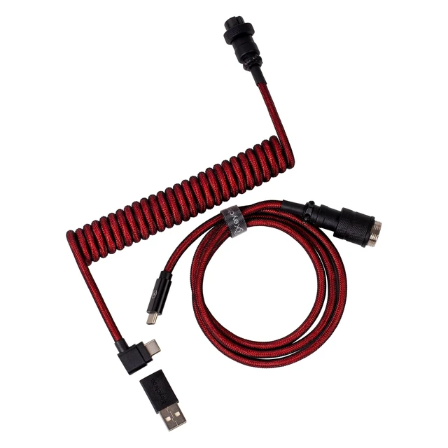 Main image of Premium Coiled USB-C Angled Red Cable, 5-Pin GX16 Detachable Metal Connector, USB-A Adapter, Double-Sleeved Design, for Mechanical Keyboards, Charging and Data Sync