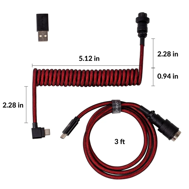 Alt view image 2 of 7 - Premium Coiled USB-C Angled Red Cable, 5-Pin GX16 Detachable Metal Connector, USB-A Adapter, Double-Sleeved Design, for Mechanical Keyboards, Charging and Data Sync