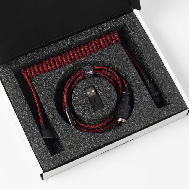Alt view image 4 of 7 - Premium Coiled USB-C Angled Red Cable, 5-Pin GX16 Detachable Metal Connector, USB-A Adapter, Double-Sleeved Design, for Mechanical Keyboards, Charging and Data Sync