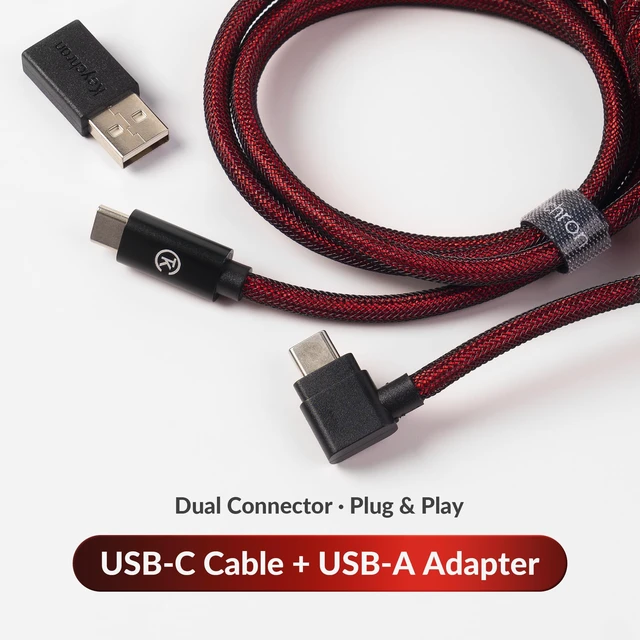 Alt view image 5 of 7 - Premium Coiled USB-C Angled Red Cable, 5-Pin GX16 Detachable Metal Connector, USB-A Adapter, Double-Sleeved Design, for Mechanical Keyboards, Charging and Data Sync