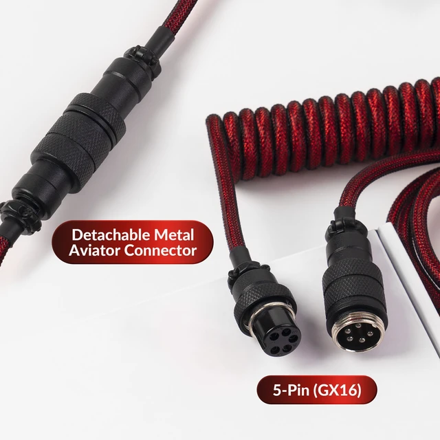 Alt view image 6 of 7 - Premium Coiled USB-C Angled Red Cable, 5-Pin GX16 Detachable Metal Connector, USB-A Adapter, Double-Sleeved Design, for Mechanical Keyboards, Charging and Data Sync