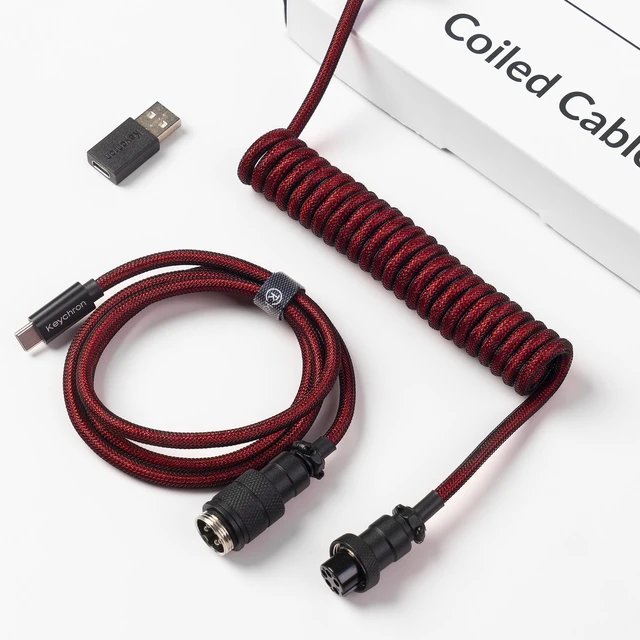 Alt view image 7 of 7 - Premium Coiled USB-C Angled Red Cable, 5-Pin GX16 Detachable Metal Connector, USB-A Adapter, Double-Sleeved Design, for Mechanical Keyboards, Charging and Data Sync