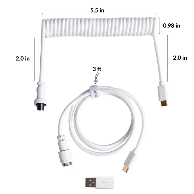 Alt view image 2 of 7 - Custom Coiled Aviator USB-C Cable, White, 5-Pin (GX12) Detachable Metal Connector, USB-A Adapter, Durable Braided Cable for Mechanical Keyboards, Charging & Data Transfer