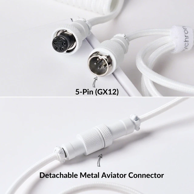 Alt view image 4 of 7 - Custom Coiled Aviator USB-C Cable, White, 5-Pin (GX12) Detachable Metal Connector, USB-A Adapter, Durable Braided Cable for Mechanical Keyboards, Charging & Data Transfer