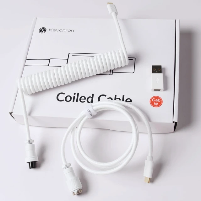 Alt view image 5 of 7 - Custom Coiled Aviator USB-C Cable, White, 5-Pin (GX12) Detachable Metal Connector, USB-A Adapter, Durable Braided Cable for Mechanical Keyboards, Charging & Data Transfer