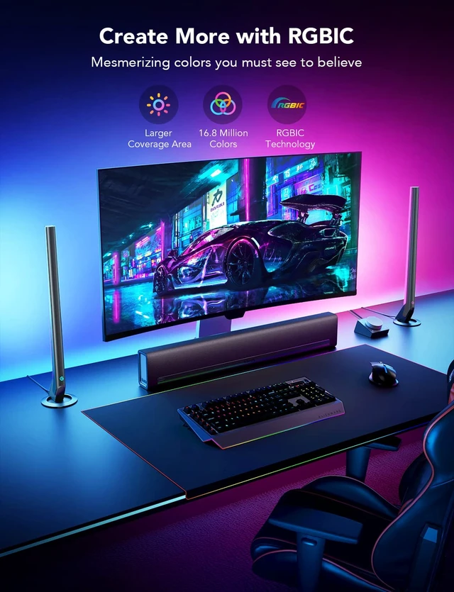 Alt view image 5 of 7 - RGBIC Gaming Light Bars H6047 with Smart Controller, Wi-Fi Smart LED | Gaming Lights with Music Modes and 60+ Scene Modes Built, Works with Alexa & Google Assistant, New Year Lights Decor