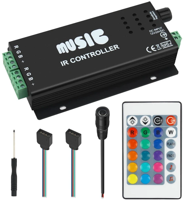 Main image of RGB 4-PIN LED Controller, DC12-24V LED Light Strips Controller | Adjustable Brightness & Speed, 24-Keys IR Wireles Remote Control, Music Sync for 5050 3528 RGB LED Strip Light