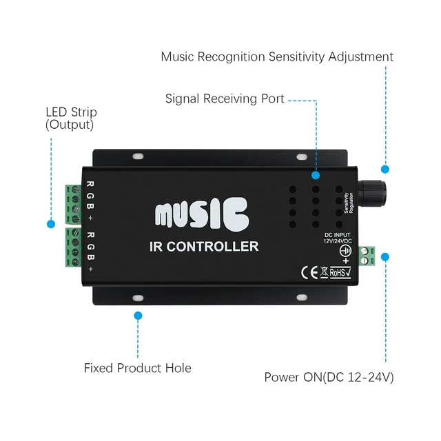 Alt view image 2 of 7 - RGB 4-PIN LED Controller, DC12-24V LED Light Strips Controller | Adjustable Brightness & Speed, 24-Keys IR Wireles Remote Control, Music Sync for 5050 3528 RGB LED Strip Light