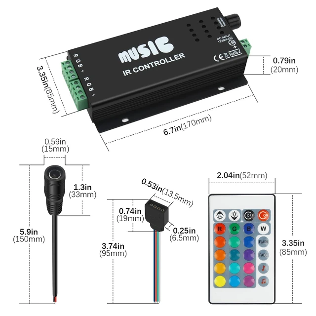 Alt view image 7 of 7 - RGB 4-PIN LED Controller, DC12-24V LED Light Strips Controller | Adjustable Brightness & Speed, 24-Keys IR Wireles Remote Control, Music Sync for 5050 3528 RGB LED Strip Light