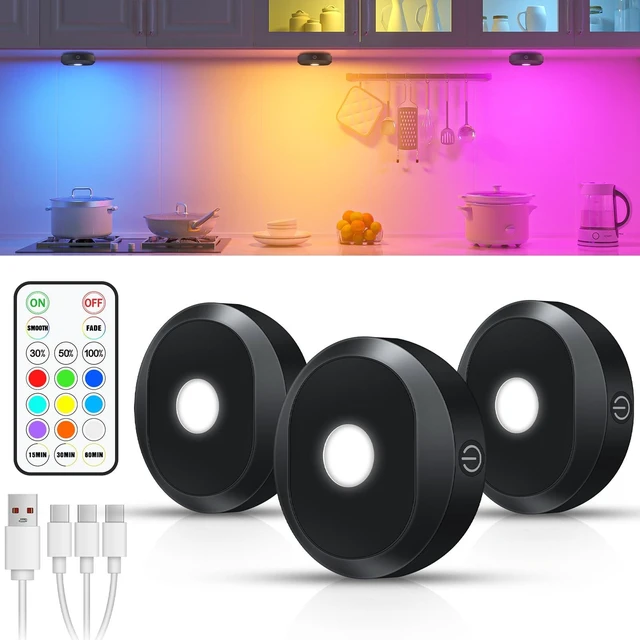 Main image of RGB Under Cabinet Lights,Rechargeable Puck Lights with Remote Control, Wireless Push Light with Timer Function,Dimmable LED Touch Tap Light for Kitchen,Cabinet,Closet, Counter,3 Pack