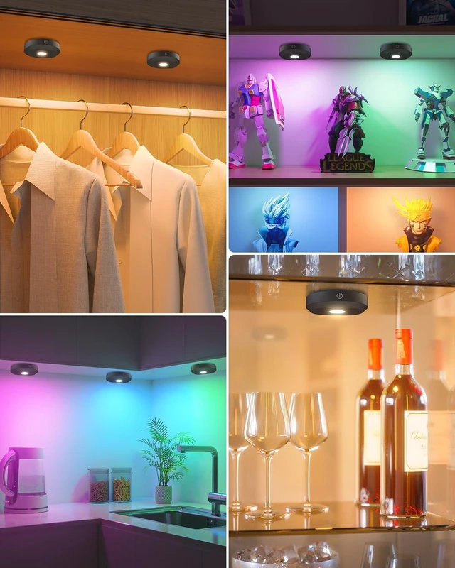 Alt view image 3 of 7 - RGB Under Cabinet Lights,Rechargeable Puck Lights with Remote Control, Wireless Push Light with Timer Function,Dimmable LED Touch Tap Light for Kitchen,Cabinet,Closet, Counter,3 Pack