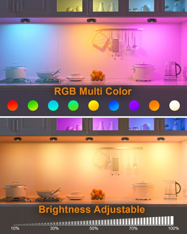 Alt view image 4 of 7 - RGB Under Cabinet Lights,Rechargeable Puck Lights with Remote Control, Wireless Push Light with Timer Function,Dimmable LED Touch Tap Light for Kitchen,Cabinet,Closet, Counter,3 Pack
