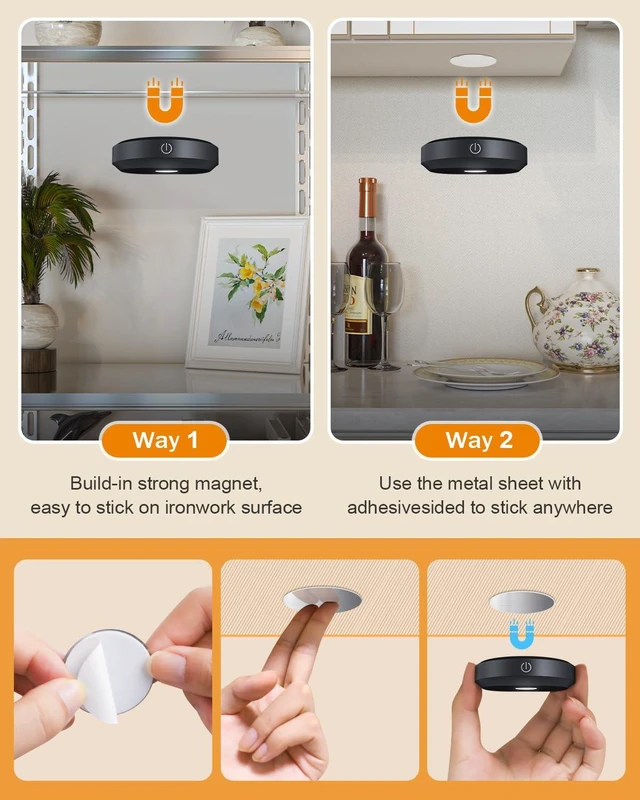 Alt view image 7 of 7 - RGB Under Cabinet Lights,Rechargeable Puck Lights with Remote Control, Wireless Push Light with Timer Function,Dimmable LED Touch Tap Light for Kitchen,Cabinet,Closet, Counter,3 Pack