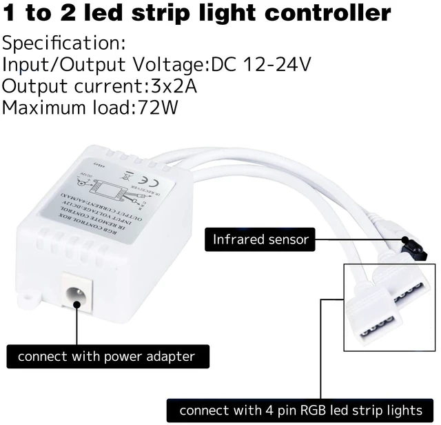 Alt view image 6 of 7 - Dual Outputs 44 Keys IR Remote Controller 4 Pin 2 Ports RGB Control Box RGB LED Strip Light Controller with WirelessReceiver for RGB 5050 3528 LED Strip Lights