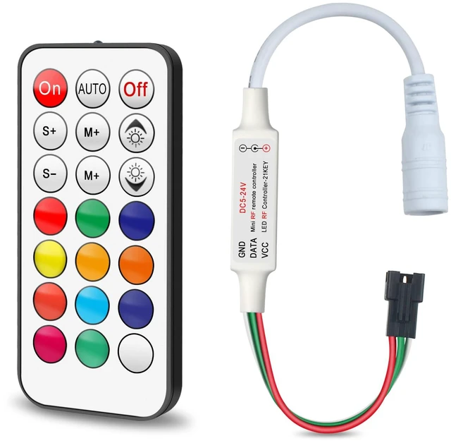 Main image of 3-Pin LED Controller, RF Remote for WS2812B/WS2811 Light Strips | 300+ dynamic modes,10-30m RF remote,Speed/brightness adjustable,memory function,5V-24V input,2048 pixels max,Plug&play