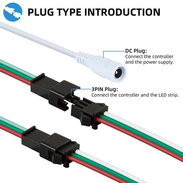 Alt view image 3 of 7 - 3-Pin LED Controller, RF Remote for WS2812B/WS2811 Light Strips | 300+ dynamic modes,10-30m RF remote,Speed/brightness adjustable,memory function,5V-24V input,2048 pixels max,Plug&play