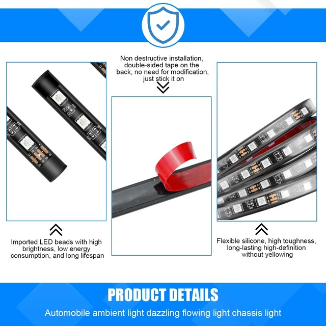 Alt view image 3 of 7 - 4 Pack RGB App-Controlled Vehicle Underglow Accent Strip Lights | sound-active music mode, waterproof exterior use, ambient effect, fits most vehicles, automotive exterior accessory