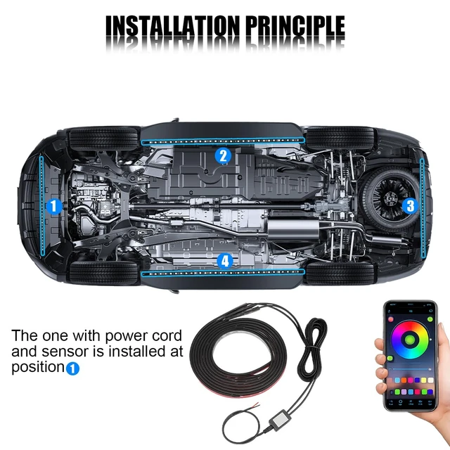 Alt view image 7 of 7 - 4 Pack RGB App-Controlled Vehicle Underglow Accent Strip Lights | sound-active music mode, waterproof exterior use, ambient effect, fits most vehicles, automotive exterior accessory