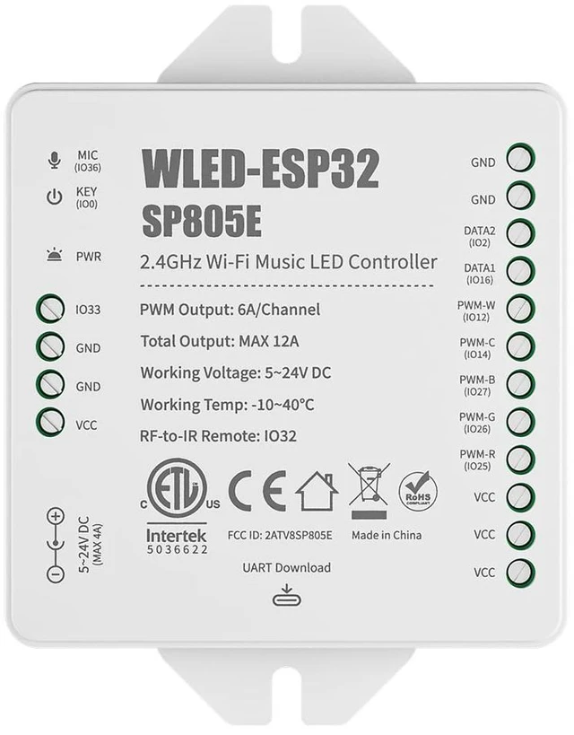 Main image of SP805E WLED LED Controller ESP32 with Mic, WiFi APP Control | For WS2812B WS2811 SK6812 WS2814 LED Strip/Matrix & PWM Dim CCT RGB RGBW RGBCCT LED , 2 SPI Channel, USB-C UART, DIY Lights