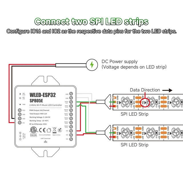 Alt view image 2 of 7 - SP805E WLED LED Controller ESP32 with Mic, WiFi APP Control | For WS2812B WS2811 SK6812 WS2814 LED Strip/Matrix & PWM Dim CCT RGB RGBW RGBCCT LED , 2 SPI Channel, USB-C UART, DIY Lights