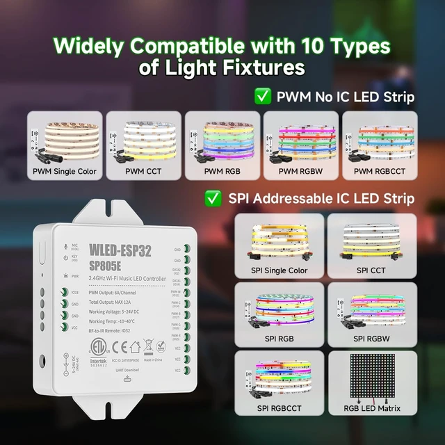 Alt view image 5 of 7 - SP805E WLED LED Controller ESP32 with Mic, WiFi APP Control | For WS2812B WS2811 SK6812 WS2814 LED Strip/Matrix & PWM Dim CCT RGB RGBW RGBCCT LED , 2 SPI Channel, USB-C UART, DIY Lights