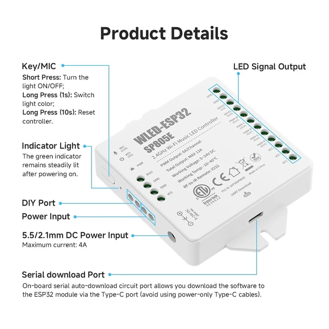 Alt view image 7 of 7 - SP805E WLED LED Controller ESP32 with Mic, WiFi APP Control | For WS2812B WS2811 SK6812 WS2814 LED Strip/Matrix & PWM Dim CCT RGB RGBW RGBCCT LED , 2 SPI Channel, USB-C UART, DIY Lights