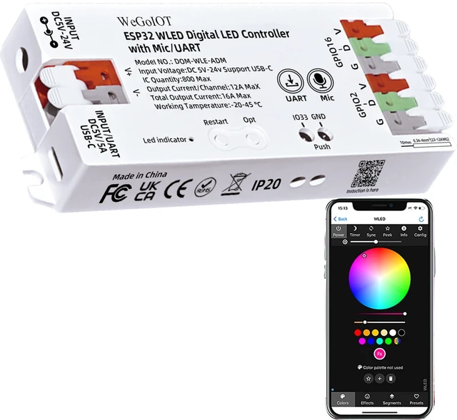 Main image of ESP32 WLED LED Strip Controller Mic UART USB Type-C Download Music Sound Dynamic Mode DIY WiFi APP Control for WS2811 WS2812B SK6812 WS2805 Programmable RGB IC FCOB Addressable with 16A Fuse
