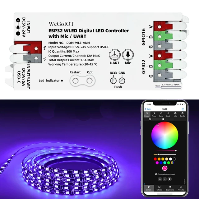Alt view image 2 of 7 - ESP32 WLED LED Strip Controller Mic UART USB Type-C Download Music Sound Dynamic Mode DIY WiFi APP Control for WS2811 WS2812B SK6812 WS2805 Programmable RGB IC FCOB Addressable with 16A Fuse