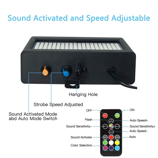 Alt view image 5 of 6 - Halloween Strobe Light, Ultra Bright RGB LED Strobe Lights (Metal Case), Sound Activated and Remote Control, Speed Adjustable Mini Flash Stage Lighting, Best for DJ Party Bar Show Disco Dance