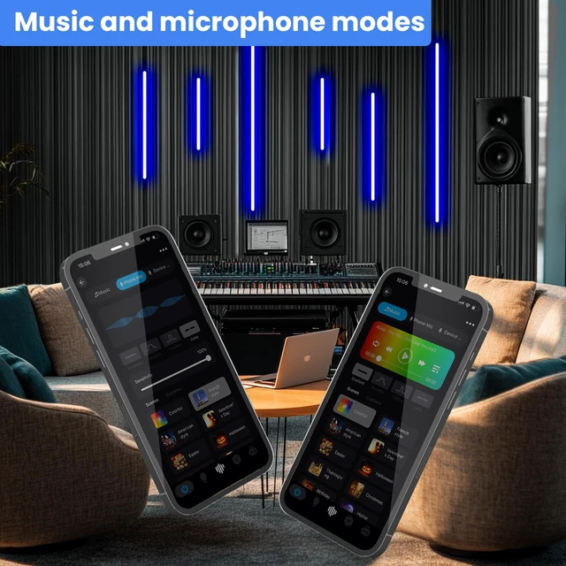 Alt view image 3 of 7 - 6 Pcs RGB Smart Recessed Lighting for Acoustic Panels, WiFi LED Lights for Acoustic Wall Panels Compatible with Alexa, Self-Adhesive Black Aluminum for Wood Slat Wall (2*40+2*24+2*16 in)