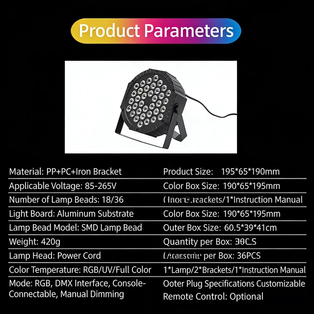 Alt view image 7 of 7 - 36W LED Par Light, RGB Stage Light Corded with DMX Control, Professional DJ Par Can Light for Wedding Party Club Christmas Halloween Events Stage Lighting 1PCS