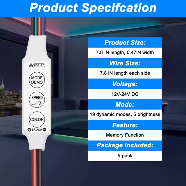 Alt view image 3 of 7 - Mini Led RGB Controller 3Key Led Strip Light Brightness Dimmer-5PCS | Controller Switch with Memory Function for DC 12V 24V Multi-Color Led Strip