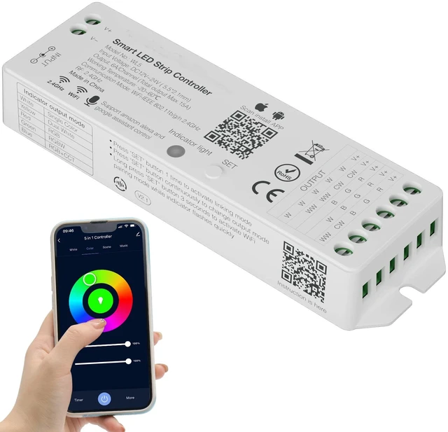 Main image of WiFi 5-in-1 LED Controller Dimmable for Monochrome CCT RGB RGBW RGBCCT LED Strip Lights Compatible with Tuya APP/Smart Life/Alexa/Google Home/Siri,DC12-24V Lights Controller(Without Battery)
