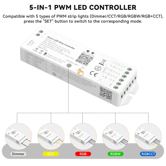 Alt view image 2 of 7 - WiFi 5-in-1 LED Controller Dimmable for Monochrome CCT RGB RGBW RGBCCT LED Strip Lights Compatible with Tuya APP/Smart Life/Alexa/Google Home/Siri,DC12-24V Lights Controller(Without Battery)